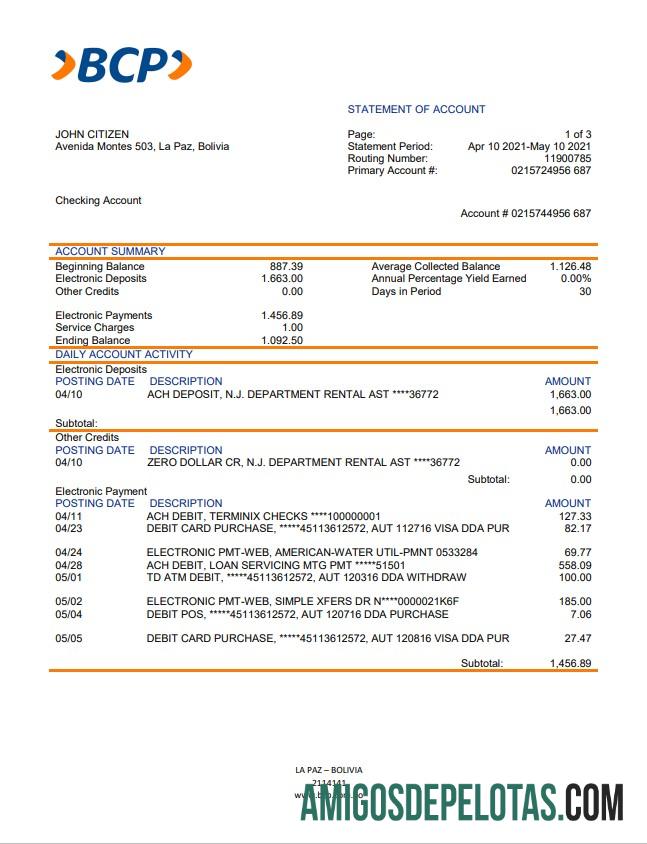 Bolivia Banco De Crédito De Bolivia Statement modelo